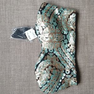 Forever 21 Black Teal and Gold Tube Top Sweetheart Removable Straps Sexy NYE S